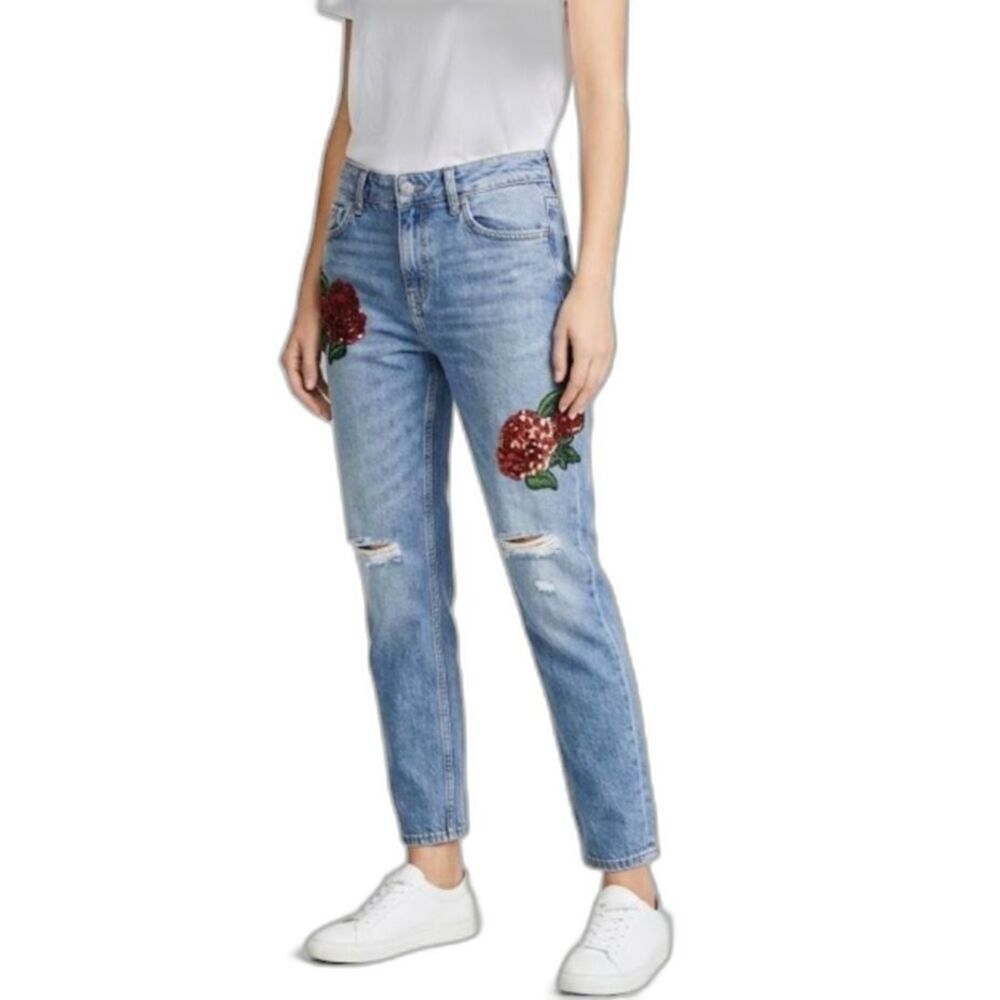 Zara NWT Blue Denim Floral Embroidered High Rise Distressed Boyfriend Jeans Sz 2
